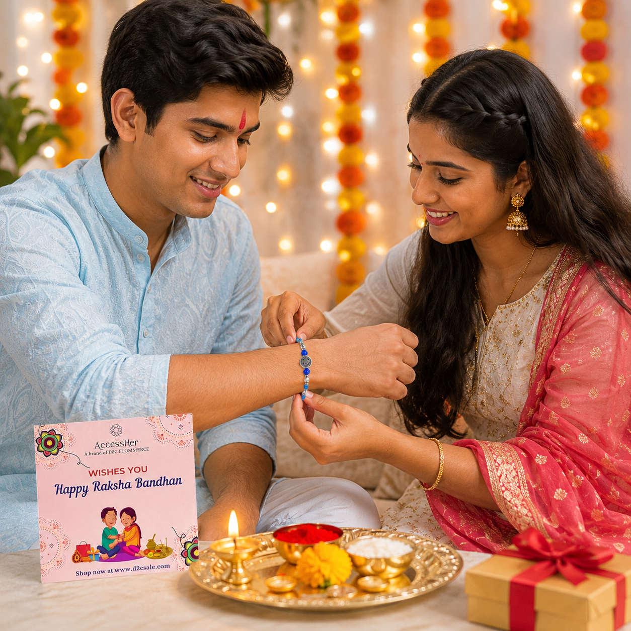 ACCESSHER Smiley Face Rakhi with Blue Beads - Gift Set with Roli, Kumkum & Raksha Bandhan Greeting Card - Image 2