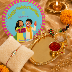 ACCESSHER Designer “BRO” Enamel Rakhi - Gift Set with Roli, Kumkum & Greeting Card
