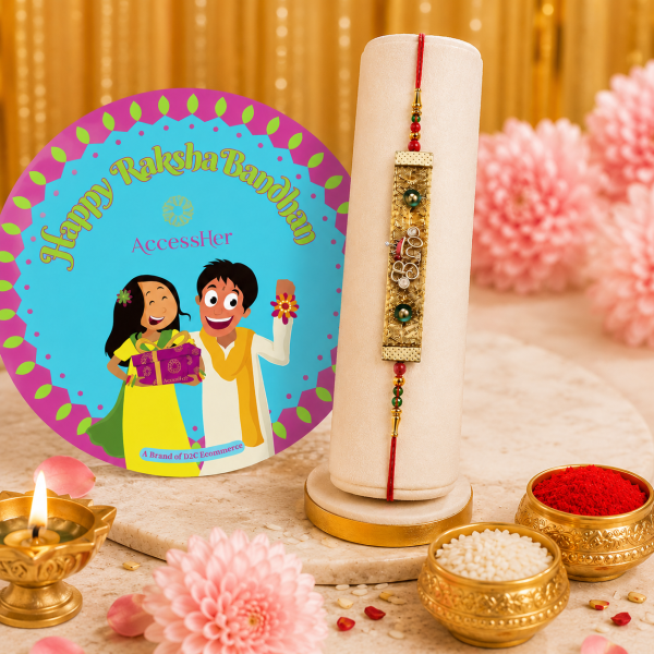 ACCESSHER Designer “BRO” Fabric Rakhi - Gift Set with Roli, Kumkum & Greeting Card