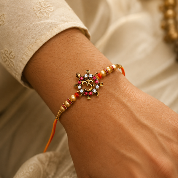 ACCESSHER Elegant OM Design Rakhi - Gift Set with Roli, Kumkum & Greeting Card
