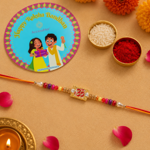 ACCESSHER Elegant Deity Inspired Religious OM Design Rakhi for Brother Pack of 1 with Roli Kumkum Packets & Happy Rakshabandhan Card 3 ACCESSHER Elegant OM Design Rakhi - Gift Set with Roli, Kumkum & Greeting Card