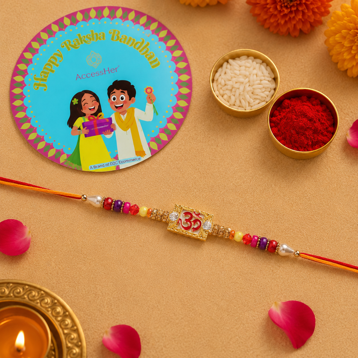 ACCESSHER Elegant OM Design Rakhi - Gift Set with Roli, Kumkum & Greeting Card