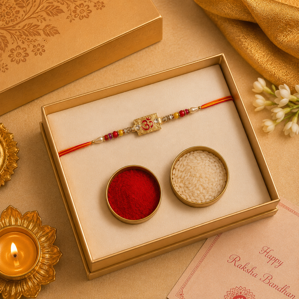 ACCESSHER Elegant OM Design Rakhi - Gift Set with Roli, Kumkum & Greeting Card - Image 4