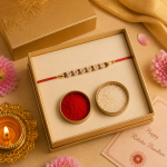 ACCESSHER Elegant Pearl Studded Rakhi - Gift Set with Roli, Kumkum & Greeting Card