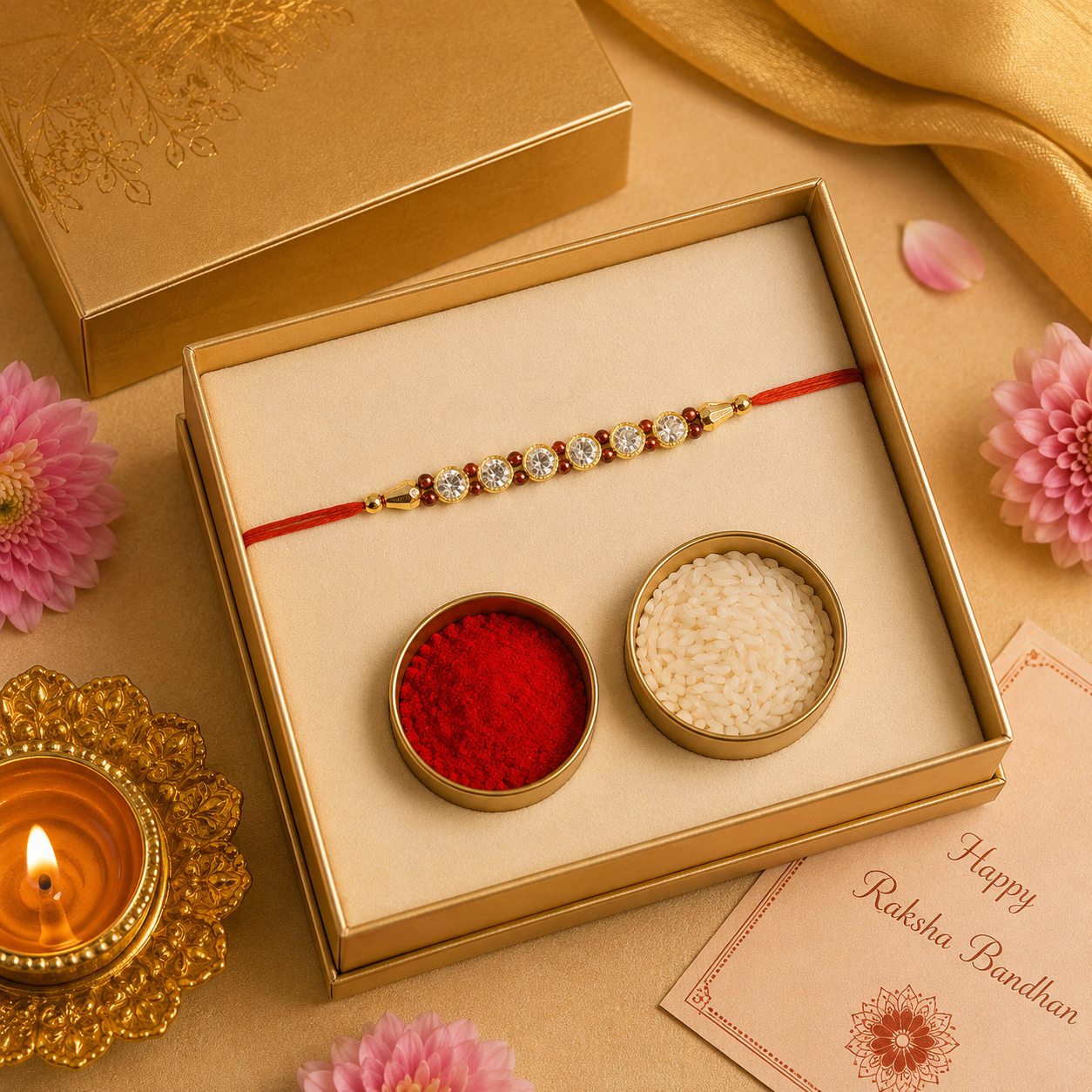 ACCESSHER Elegant Pearl Studded Rakhi - Gift Set with Roli, Kumkum & Greeting Card