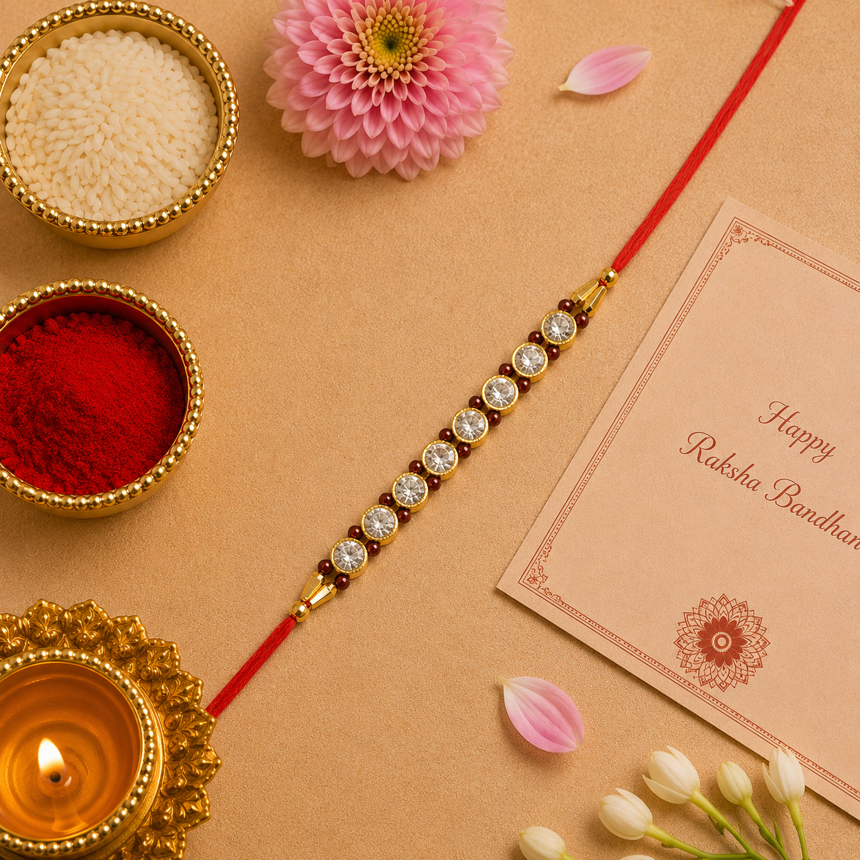 ACCESSHER Elegant Pearl Studded Rakhi - Gift Set with Roli, Kumkum & Greeting Card - Image 4