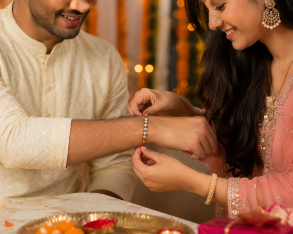 ACCESSHER Elegant Pearl Studded Rakhi - Gift Set with Roli, Kumkum & Greeting Card