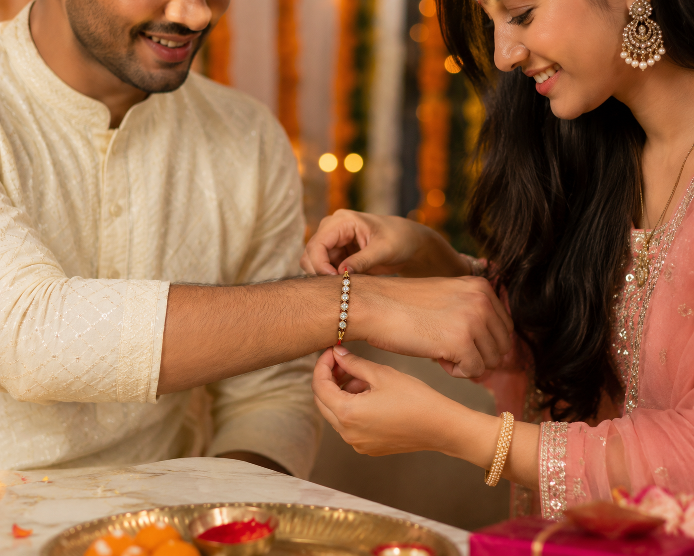 ACCESSHER Elegant Pearl Studded Rakhi - Gift Set with Roli, Kumkum & Greeting Card - Image 2