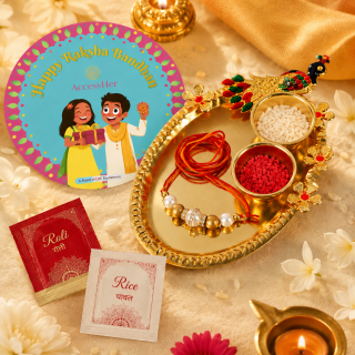ACCESSHER Pearl Beaded Rakhi - Gift Set with Acrylic Peacock Pooja Thali, Roli, Kumkum & Greeting Card