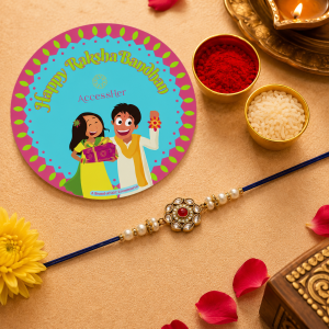 ACCESSHER Red Ruby Floral Kundan Rakhi - Gift Set with Roli, Rice & Greeting Card