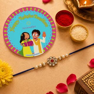 ACCESSHER Red Ruby Floral Kundan Rakhi - Gift Set with Roli, Rice & Greeting Card