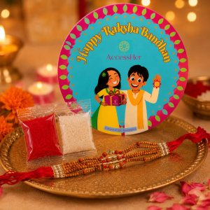 ACCESSHER Statement Rudraksh Rakhi - Gift Set with Roli, Kumkum & Greeting Card