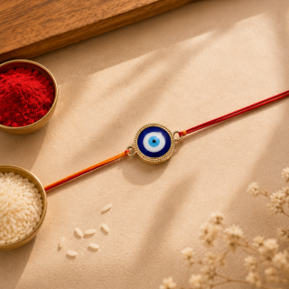 ACCESSHER Men’s Evil Eye Rakhi for Brother - Elegant Single Thread Gift Set with Roli, Rice & Greeting Card