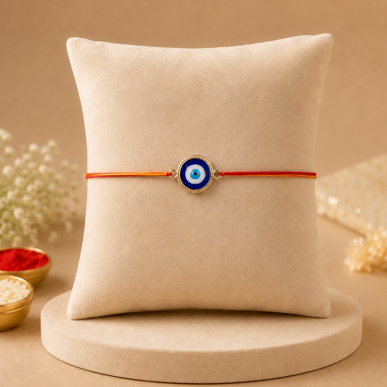ACCESSHER Men’s Evil Eye Rakhi for Brother - Elegant Single Thread Gift Set with Roli, Rice & Greeting Card - Image 5