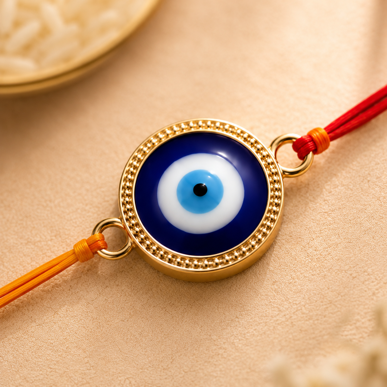 ACCESSHER Men’s Evil Eye Rakhi for Brother - Elegant Single Thread Gift Set with Roli, Rice & Greeting Card - Image 3
