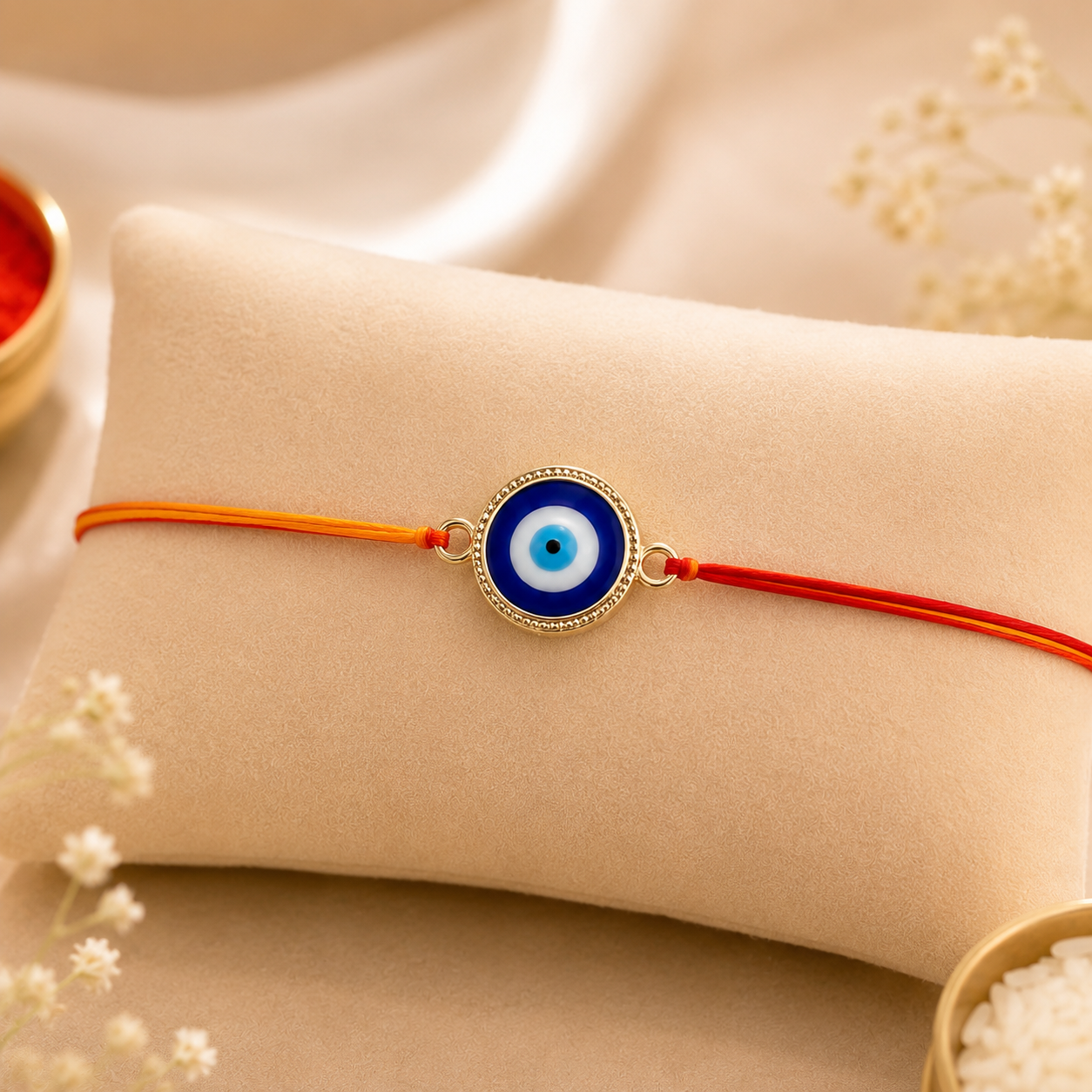 ACCESSHER Men’s Evil Eye Rakhi for Brother - Elegant Single Thread Gift Set with Roli, Rice & Greeting Card - Image 2