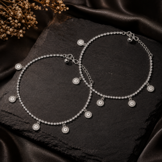 ACCESSHER Silver-Tone Sunburst Charm Anklet Set for Women & Girls | Delicate Disc Charm Payal Pair
