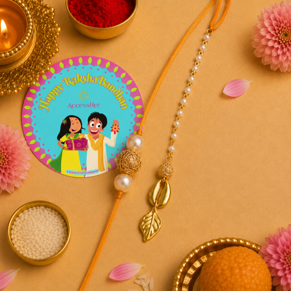ACCESSHER Gold Plated Filigree Ball & Pearl Bhaiya Bhabhi Rakhi Set with Roli, Kumkum & Greeting Card