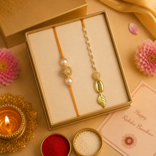 ACCESSHER Gold Plated Filigree Ball & Pearl Bhaiya Bhabhi Rakhi Set with Roli, Kumkum & Greeting Card