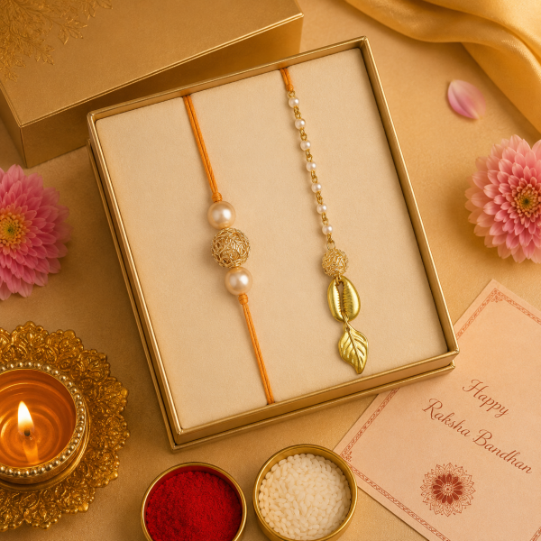 ACCESSHER Gold Plated Filigree Ball & Pearl Bhaiya Bhabhi Rakhi Set with Roli, Kumkum & Greeting Card