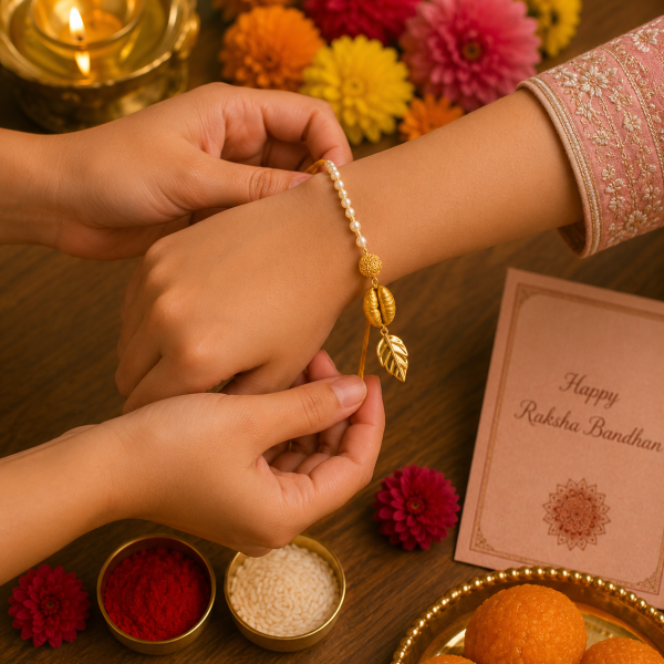 ACCESSHER Gold Plated Filigree Ball & Pearl Bhaiya Bhabhi Rakhi Set with Roli, Kumkum & Greeting Card