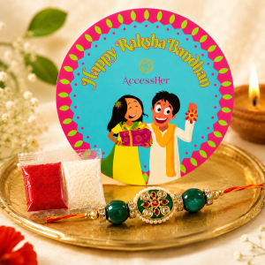 ACCESSHER Gold Plated Meenakari Rakhi with Semi-Precious Stone Detailing - Gift Set with Roli, Kumkum & Greeting Card