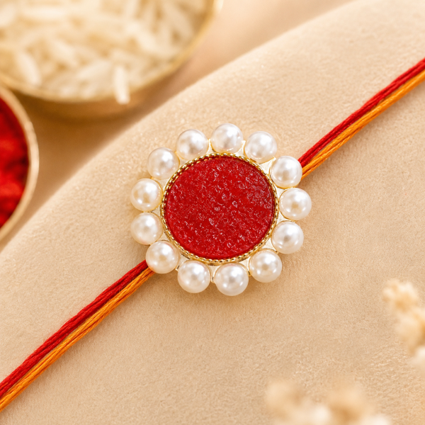 ACCESSHER Designer Druzy Stone Rakhi with Pearl Detailing - Gift Set with Roli, Kumkum & Greeting Card