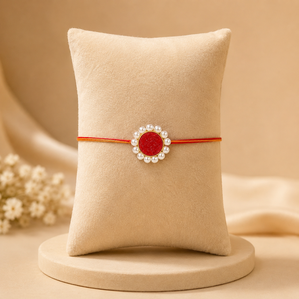 ACCESSHER Designer Druzy Stone Rakhi with Pearl Detailing - Gift Set with Roli, Kumkum & Greeting Card - Image 4