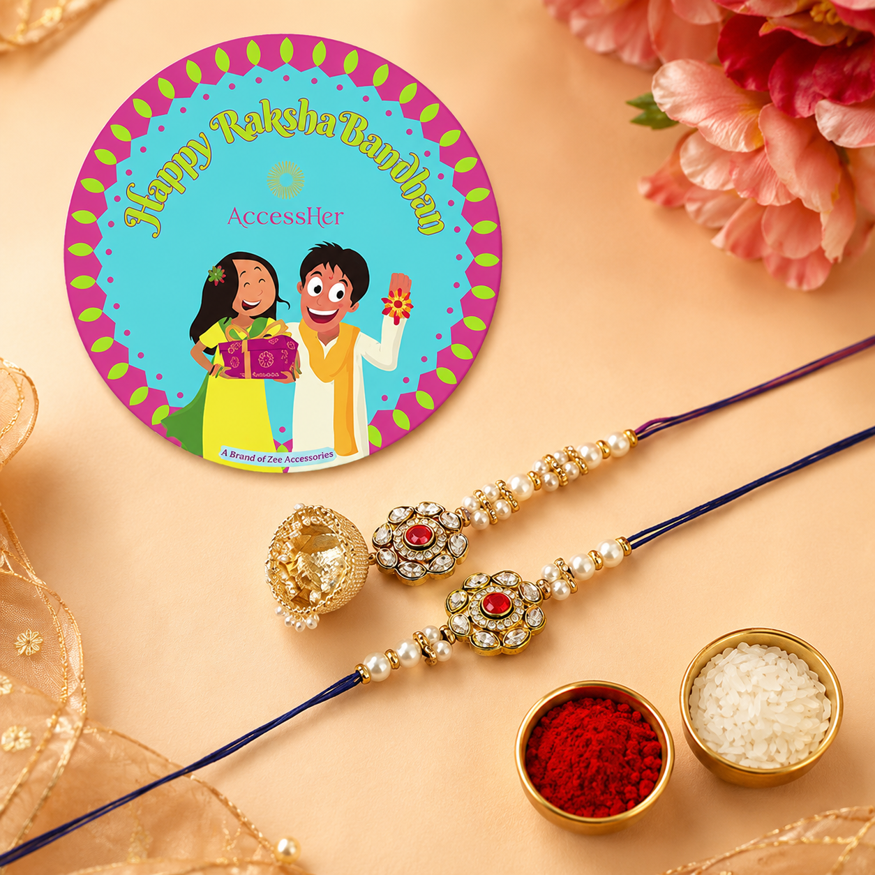 ACCESSHER Gold Plated Pink Enamel Kundan Bhaiya Bhabhi Lumba Rakhi - Gift Set with Roli, Rice & Greeting Card (Set of 2)