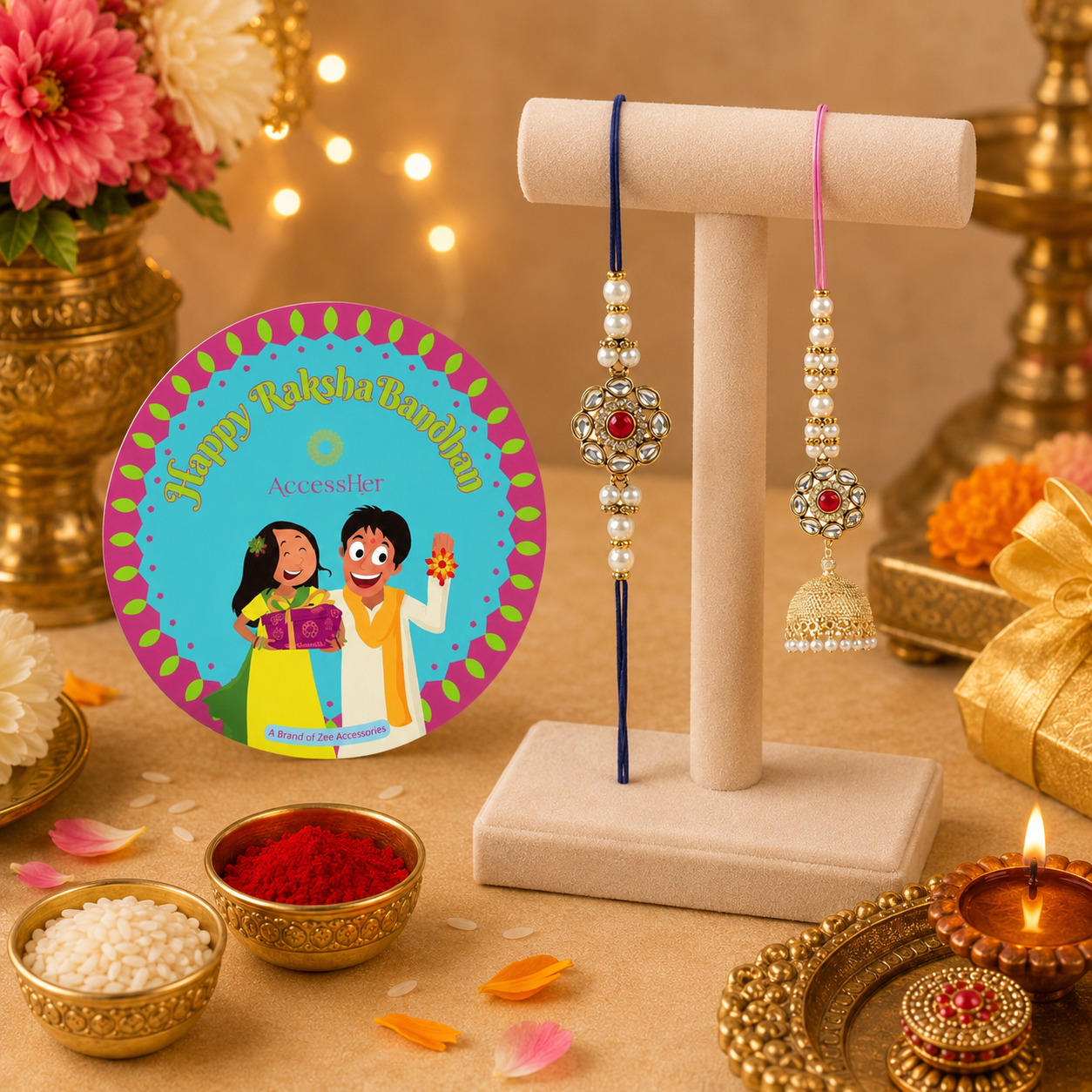 ACCESSHER Gold Plated Pink Enamel Kundan Bhaiya Bhabhi Lumba Rakhi - Gift Set with Roli, Rice & Greeting Card (Set of 2) - Image 4
