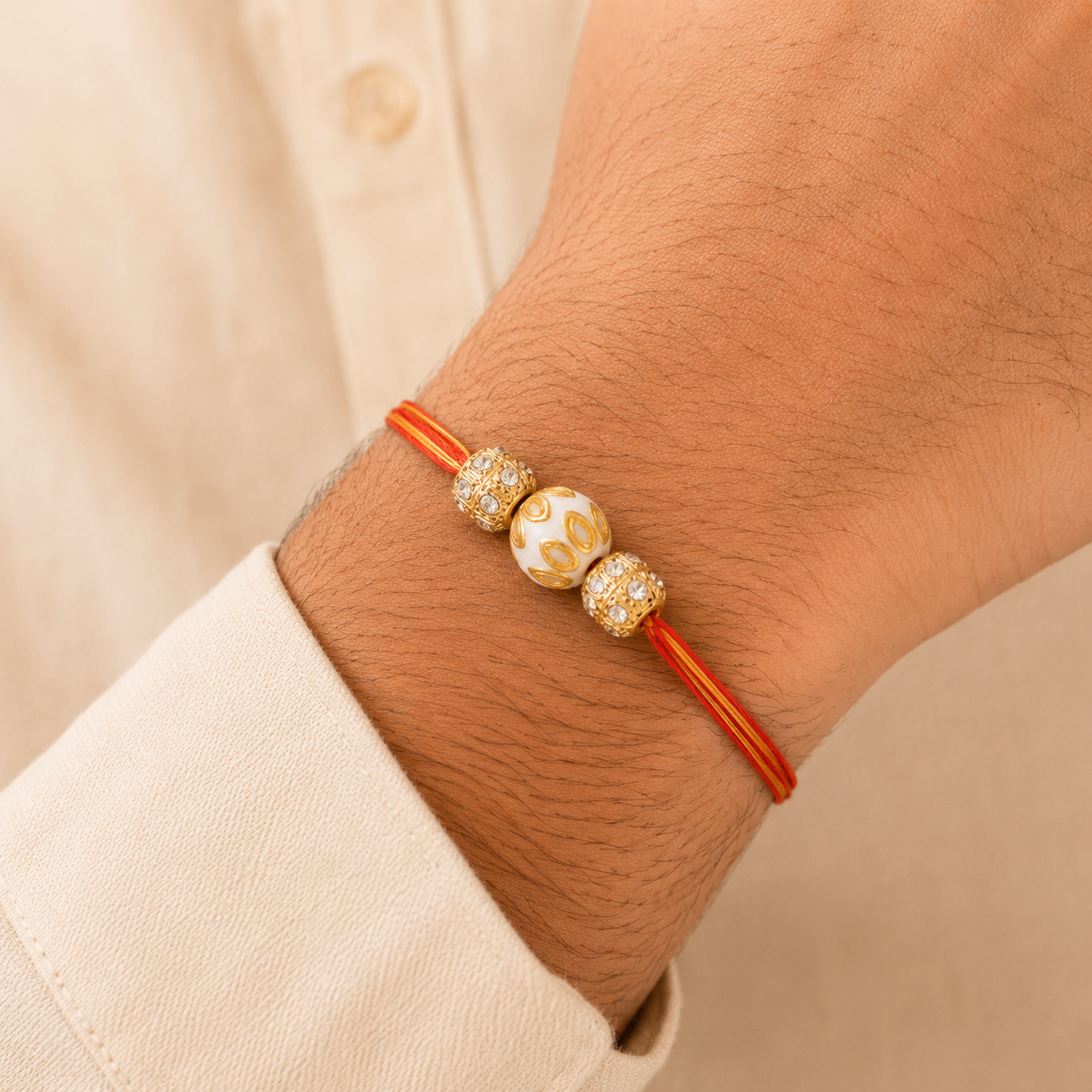 ACCESSHER Gold Plated Meenakari Pearl Rakhi - Gift Set with Roli, Kumkum & Greeting Card - Image 2