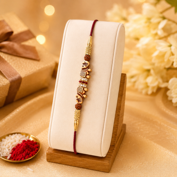 ACCESSHER Gold Plated Elephant Rakhi - Gift Set with Roli, Kumkum & Greeting Card