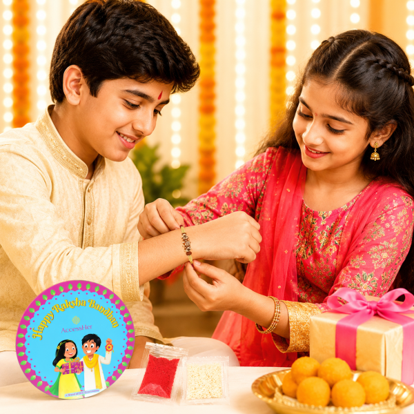 ACCESSHER Gold Plated Elephant Rakhi - Gift Set with Roli, Kumkum & Greeting Card