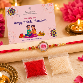 ACCESSHER Pink Meenakari “VEERA” Rakhi - Gift Set with Roli, Kumkum & Raksha Bandhan Greeting Card