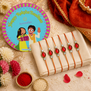 ACCESSHER Red Ruby Kundan Rakhi Set with Rhinestone Detailing - Gift Set with Roli, Kumkum & Greeting Card (Pack of 6)