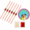ACCESSHER Red Ruby Kundan Rakhi Set with Rhinestone Detailing - Gift Set with Roli, Kumkum & Greeting Card (Pack of 6)
