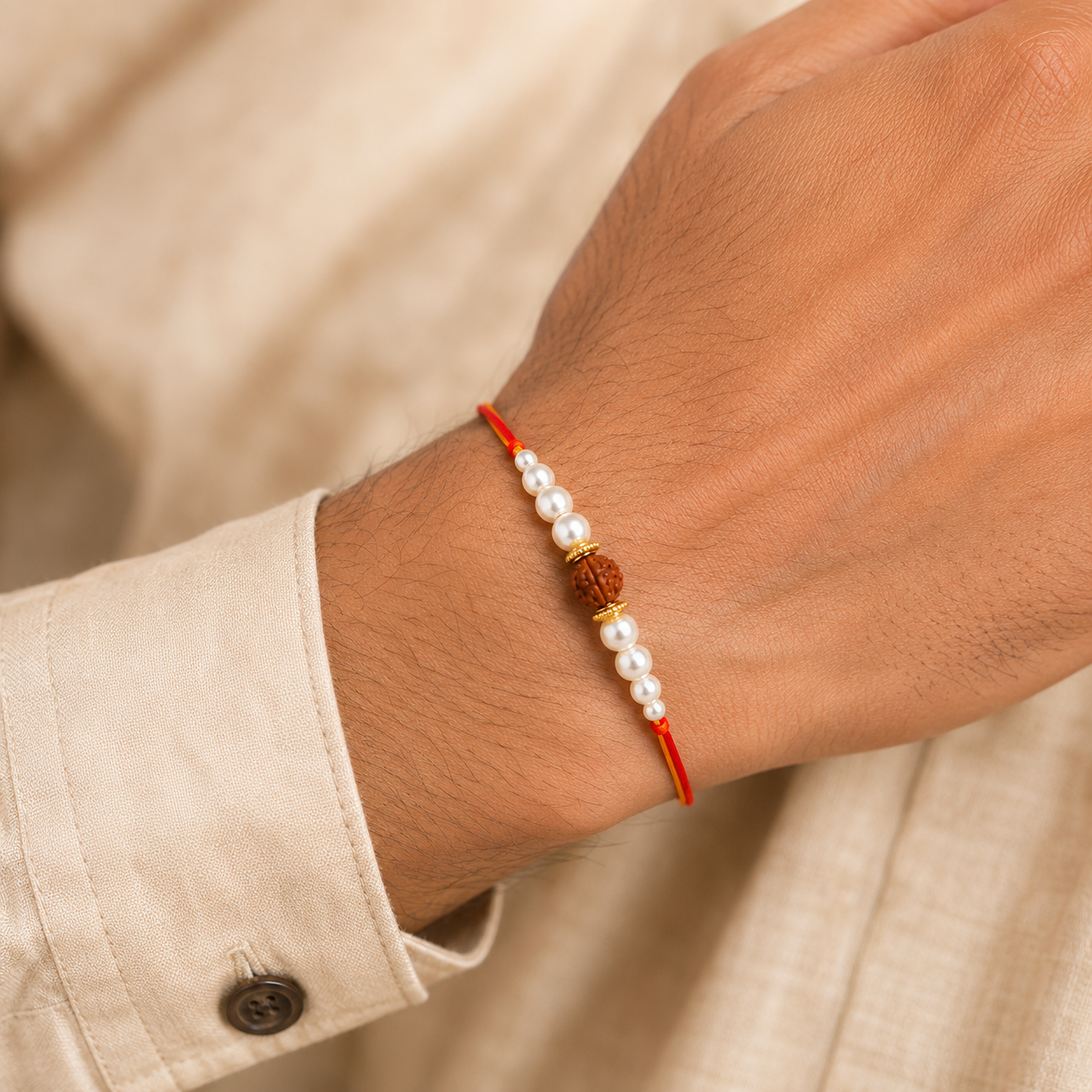 ACCESSHER Men’s Rudraksh Rakhi with Pearl Detailing - Gift Set with Roli, Kumkum & Greeting Card - Image 2