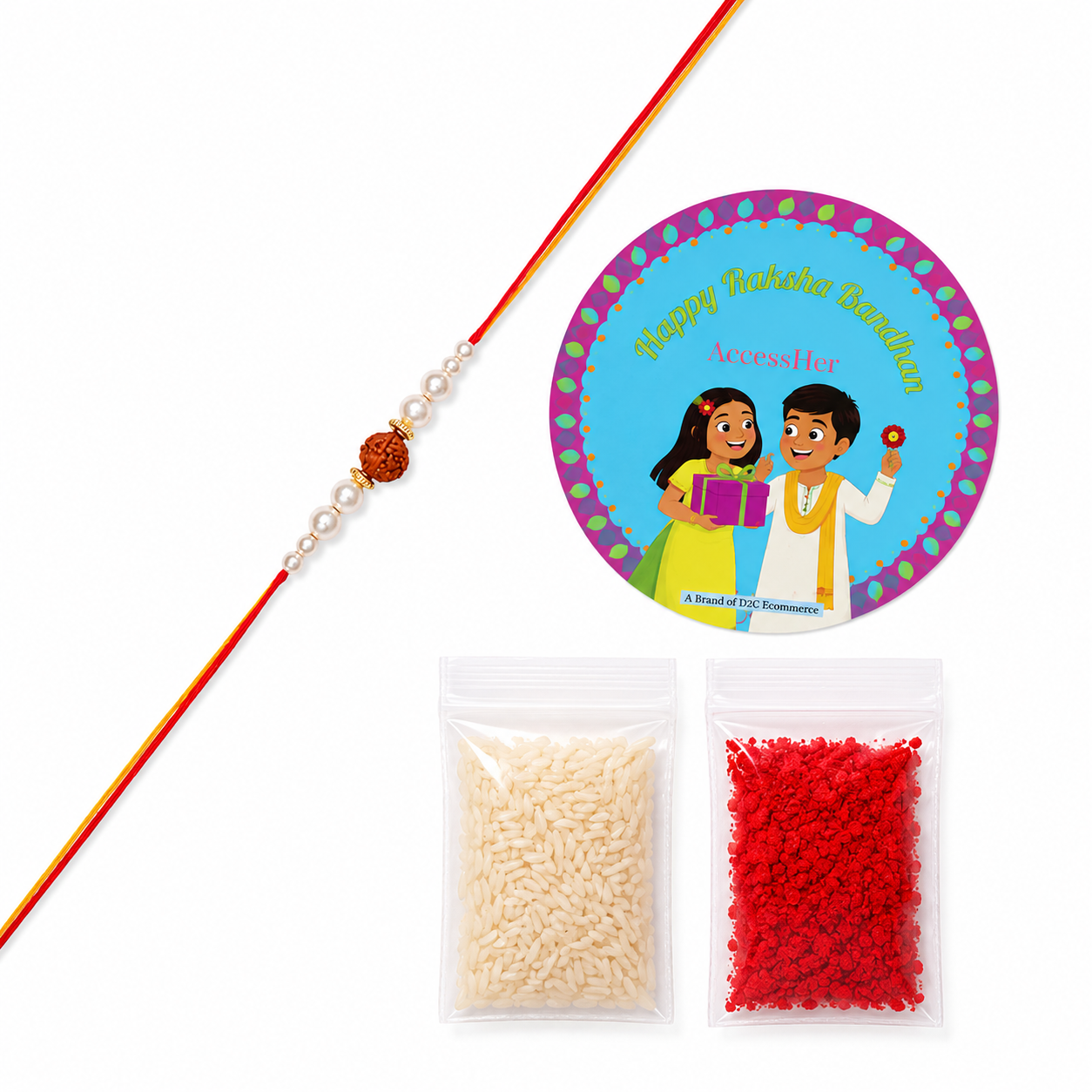 ACCESSHER Men’s Rudraksh Rakhi with Pearl Detailing - Gift Set with Roli, Kumkum & Greeting Card - Image 6