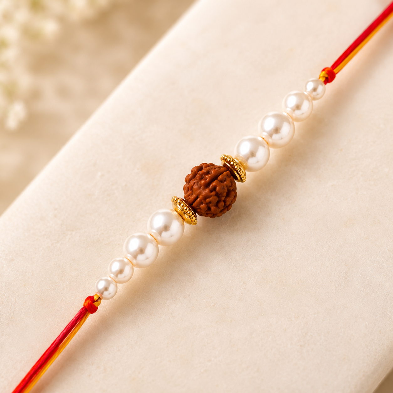 ACCESSHER Men’s Rudraksh Rakhi with Pearl Detailing - Gift Set with Roli, Kumkum & Greeting Card - Image 3