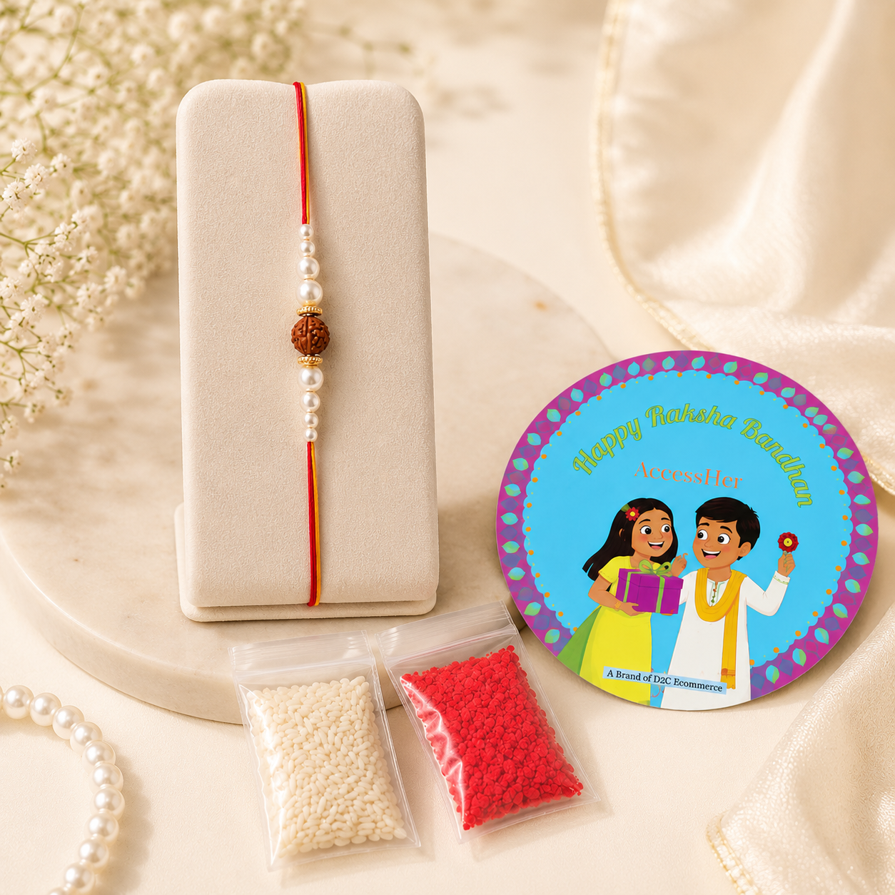 ACCESSHER Men’s Rudraksh Rakhi with Pearl Detailing - Gift Set with Roli, Kumkum & Greeting Card - Image 5