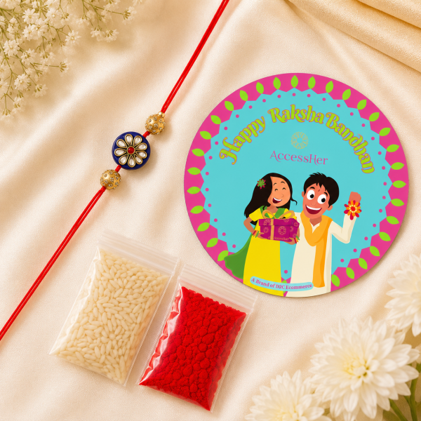 ACCESSHER Blue Enamel Kundan Rakhi with Rhinestone Detailing - Gift Set with Roli, Kumkum & Greeting Card
