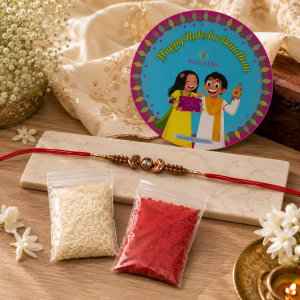 ACCESSHER Delicate Beaded Rakhi - Gift Set with Roli, Kumkum & Greeting Card (Pack of 6)