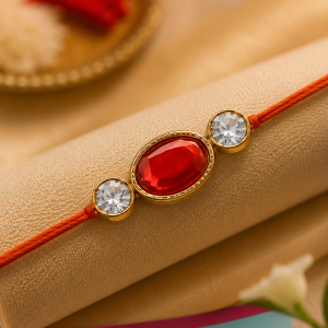 ACCESSHER Red Ruby Stone Bhaiya Bhabhi Rakhi Set - Roli, Kumkum & Greeting Card