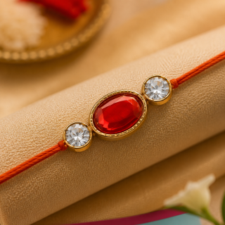 ACCESSHER Red Ruby Stone Bhaiya Bhabhi Rakhi Set - Roli, Kumkum & Greeting Card