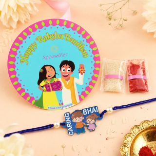 ACCESSHER Wooden “Caring Bhai” Rakhi - Gift Set with Roli, Kumkum & Greeting Card