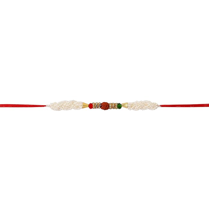 ACCESSHER Designer Pearl & Rudraksh Rakhi - Gift Set with Roli, Kumkum & Greeting Card - Image 6