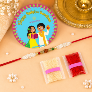 ACCESSHER Designer Pearl & Rudraksh Rakhi - Gift Set with Roli, Kumkum & Greeting Card