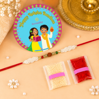 ACCESSHER Designer Pearl & Rudraksh Rakhi - Gift Set with Roli, Kumkum & Greeting Card