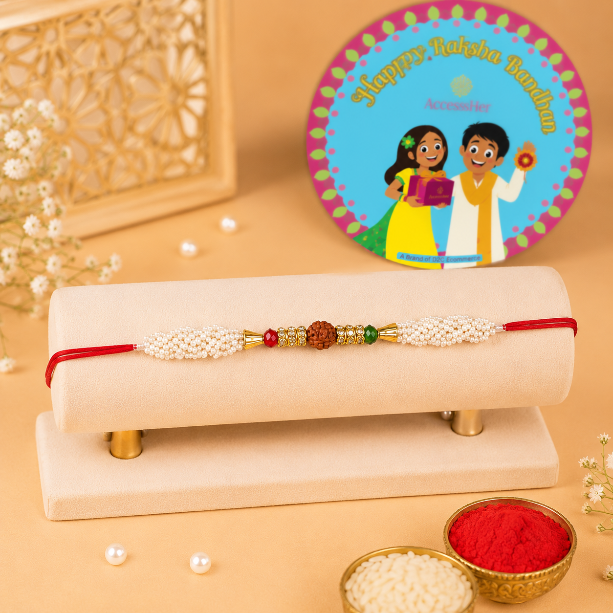 ACCESSHER Designer Pearl & Rudraksh Rakhi - Gift Set with Roli, Kumkum & Greeting Card - Image 2