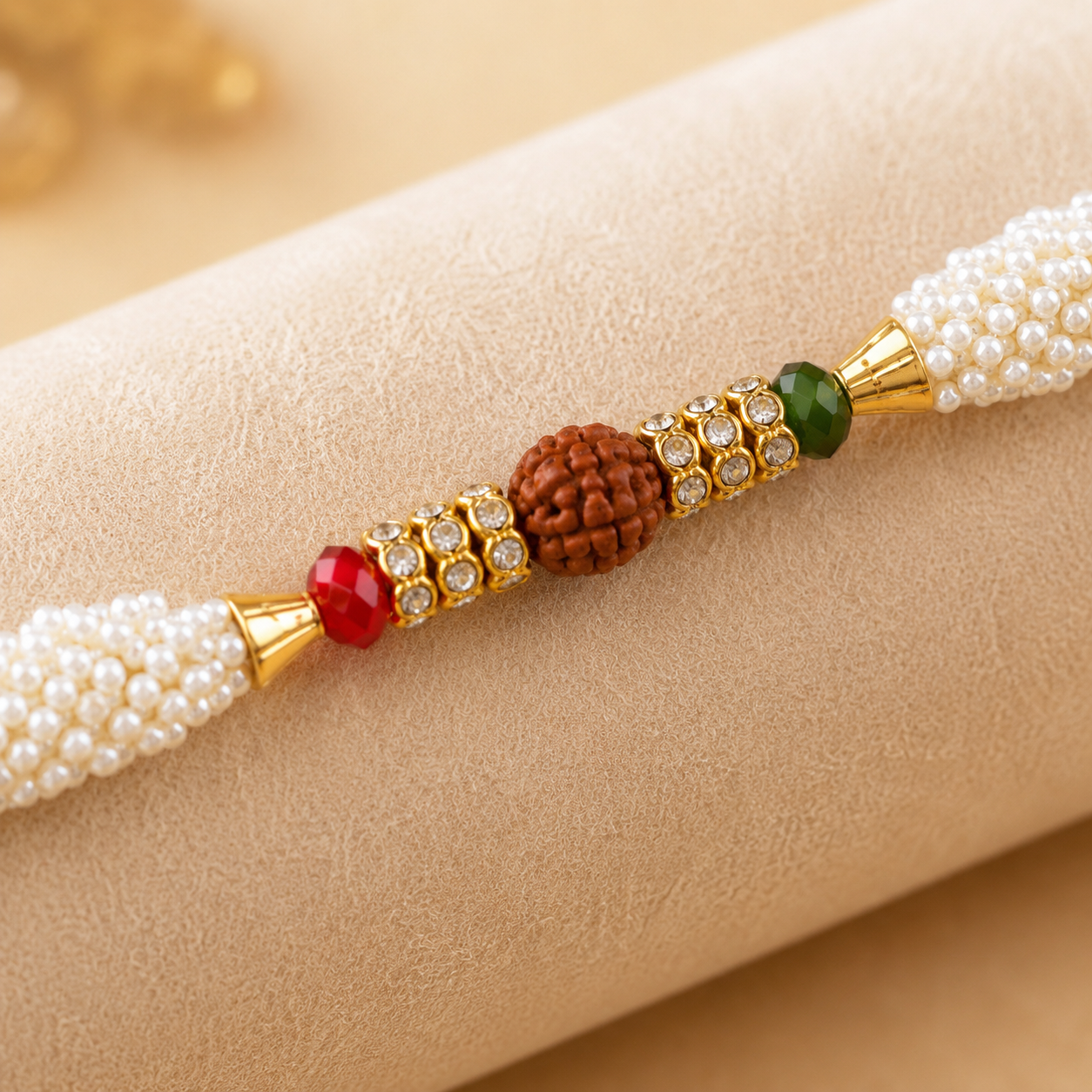 ACCESSHER Designer Pearl & Rudraksh Rakhi - Gift Set with Roli, Kumkum & Greeting Card - Image 5